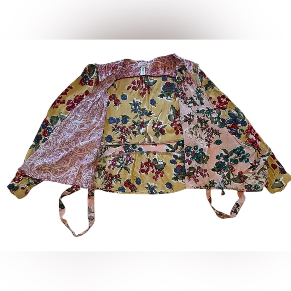 Anthropologie Meadow Rue Floral Patchwork Wrap Blouse - Yellow, Pink, Black - Picture 15 of 16